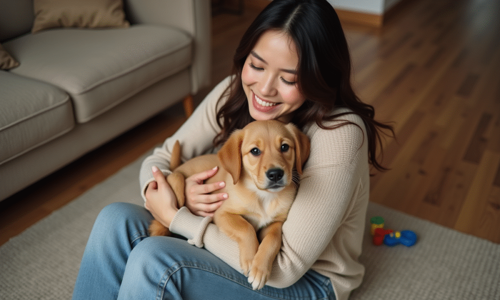 Jeune femme souriante avec chiot golden retriever dans un salon