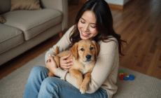 Jeune femme souriante avec chiot golden retriever dans un salon