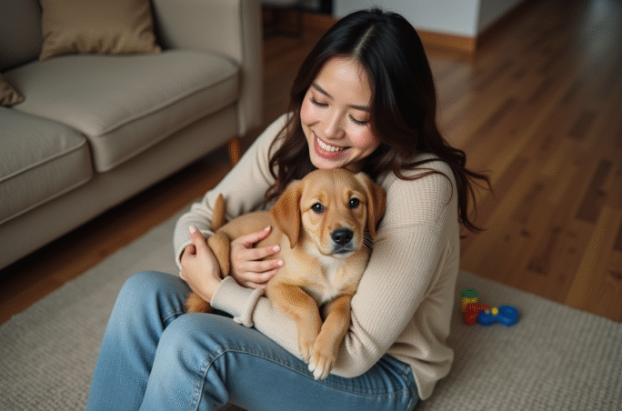 Jeune femme souriante avec chiot golden retriever dans un salon
