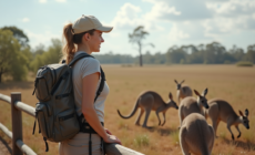 Jeune femme observant des kangourous dans la nature