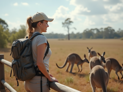 Jeune femme observant des kangourous dans la nature