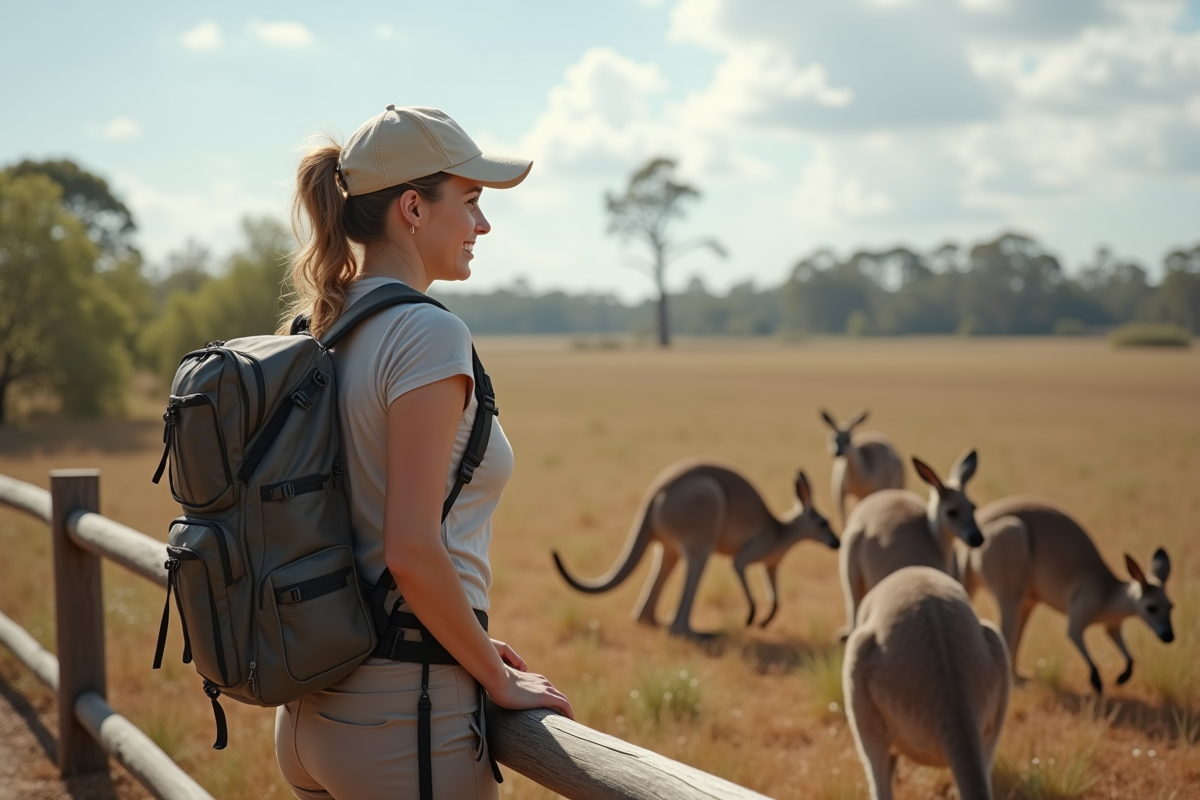 Jeune femme observant des kangourous dans la nature