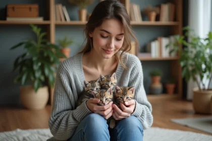 Jeune femme avec chatons dans les bras dans un intérieur chaleureux