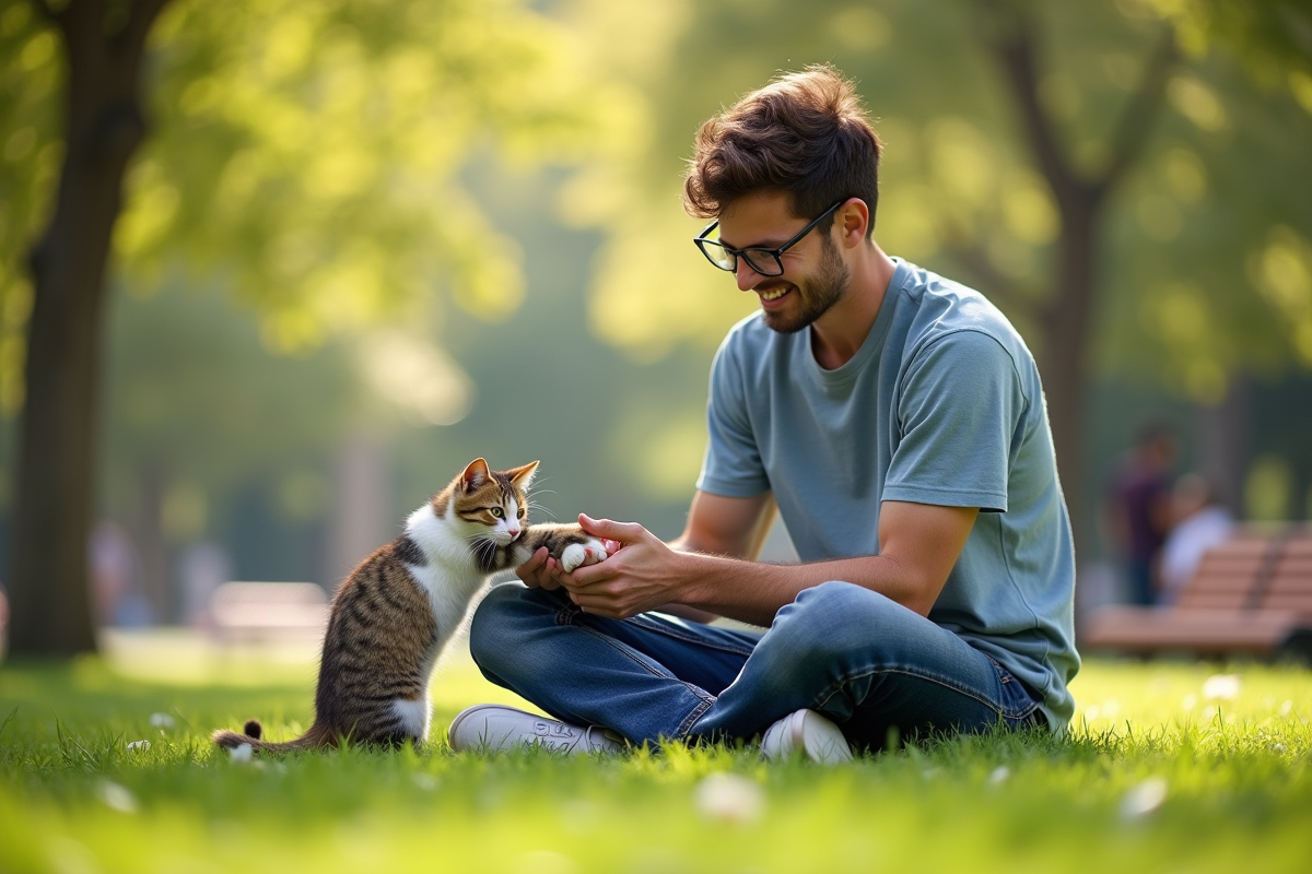 Jeune homme jouant avec un chaton dans un parc ensoleille