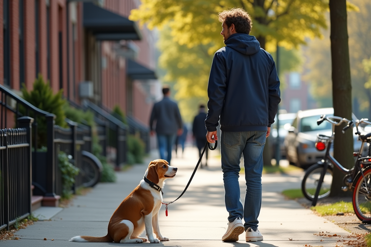 Jeune homme avec un chien en ville lors d