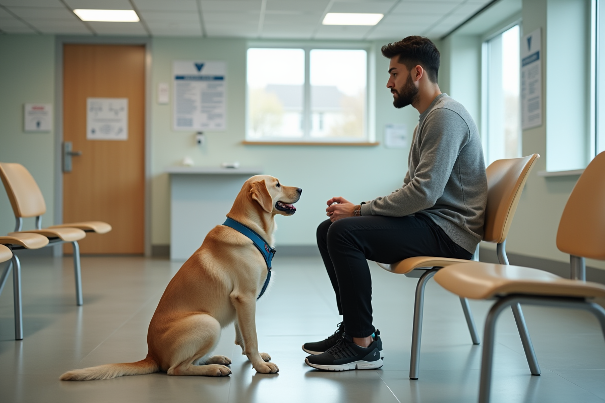 Jeune homme avec Labrador dans salle d