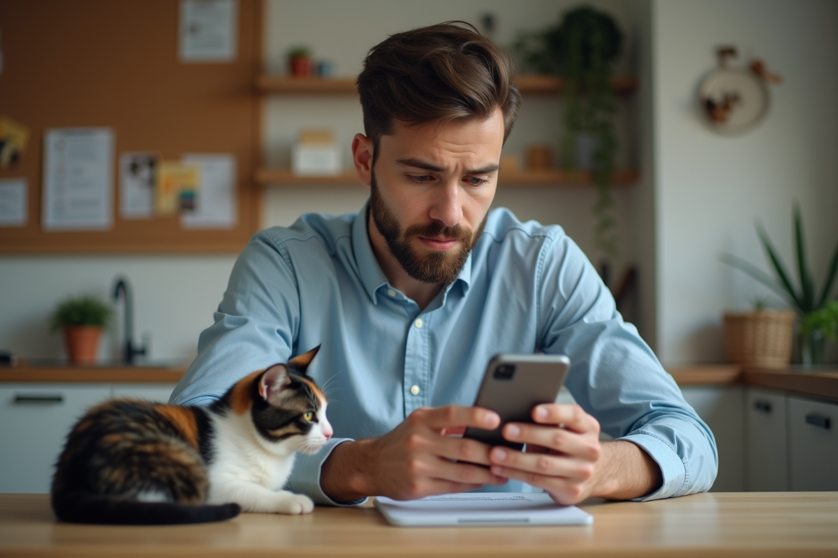 Jeune homme remplissant rapport animal en cuisine