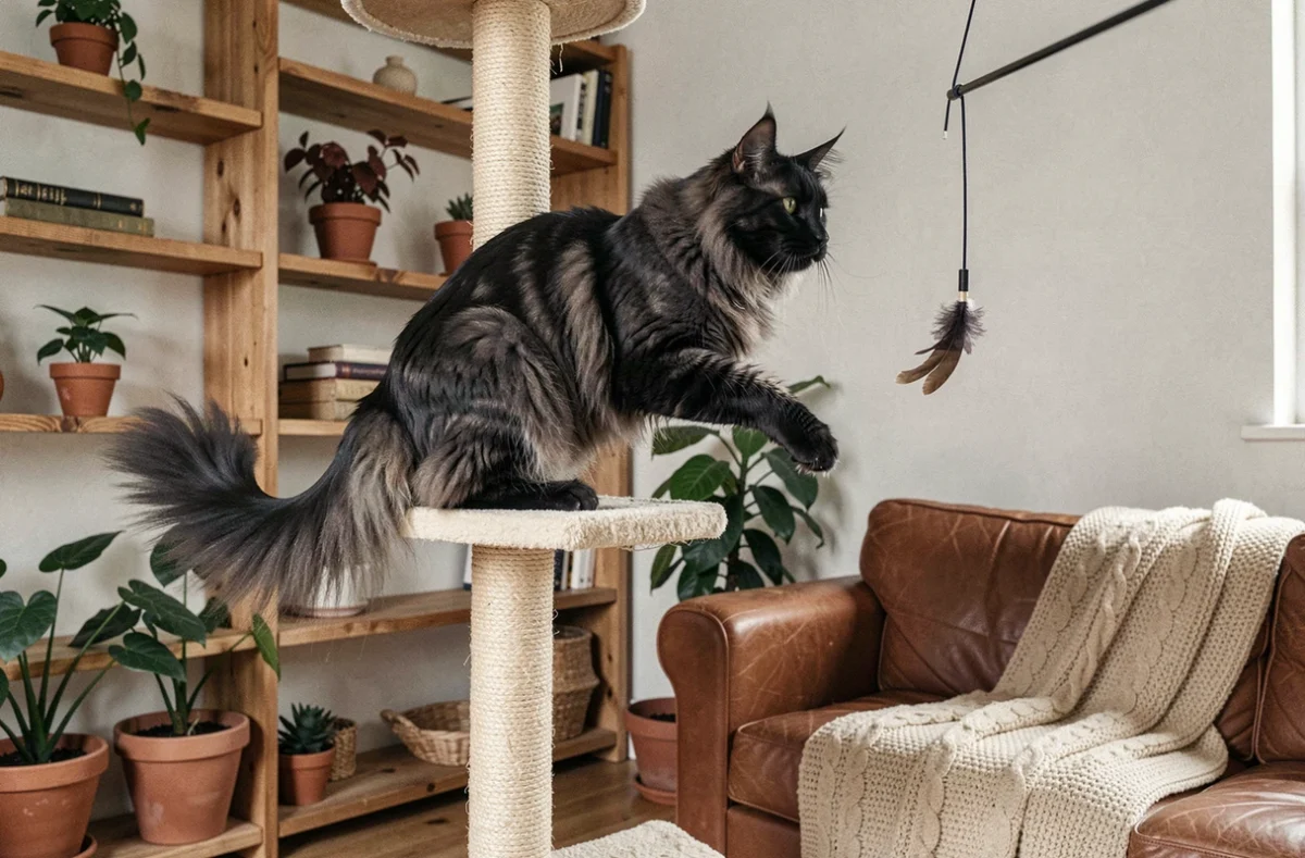 Maine Coon black smoke jouant sur un arbre à chat en sisal dans un salon décoré avec des plantes et une bibliothèque en bois