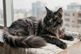 Maine Coon black smoke allongé sur un rebord de fenêtre d'appartement, regardant par la fenêtre avec des yeux ambrés expressifs