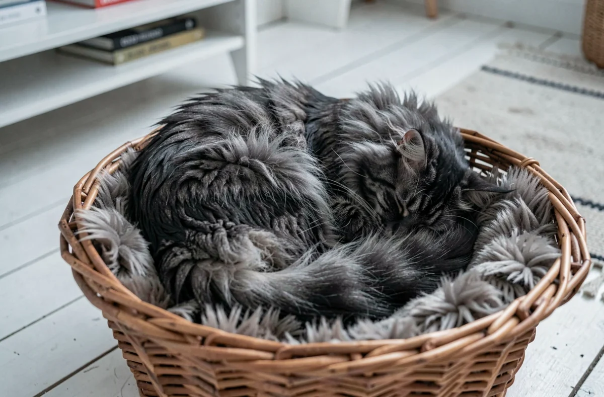 Maine Coon black smoke endormi en boule dans un panier en osier douillet dans un intérieur de style scandinave