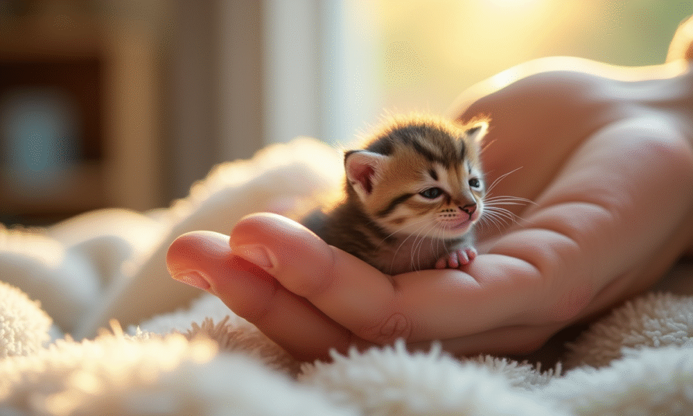 Main douce tenant un chaton nouveau né dans une pièce ensoleillée