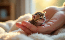Main douce tenant un chaton nouveau né dans une pièce ensoleillée