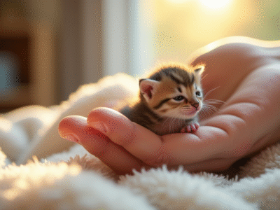 Main douce tenant un chaton nouveau né dans une pièce ensoleillée