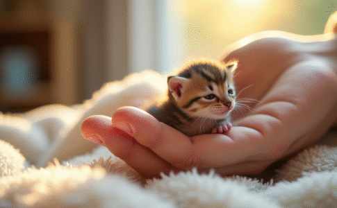 Main douce tenant un chaton nouveau né dans une pièce ensoleillée