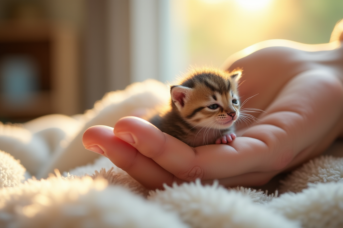 Main douce tenant un chaton nouveau né dans une pièce ensoleillée