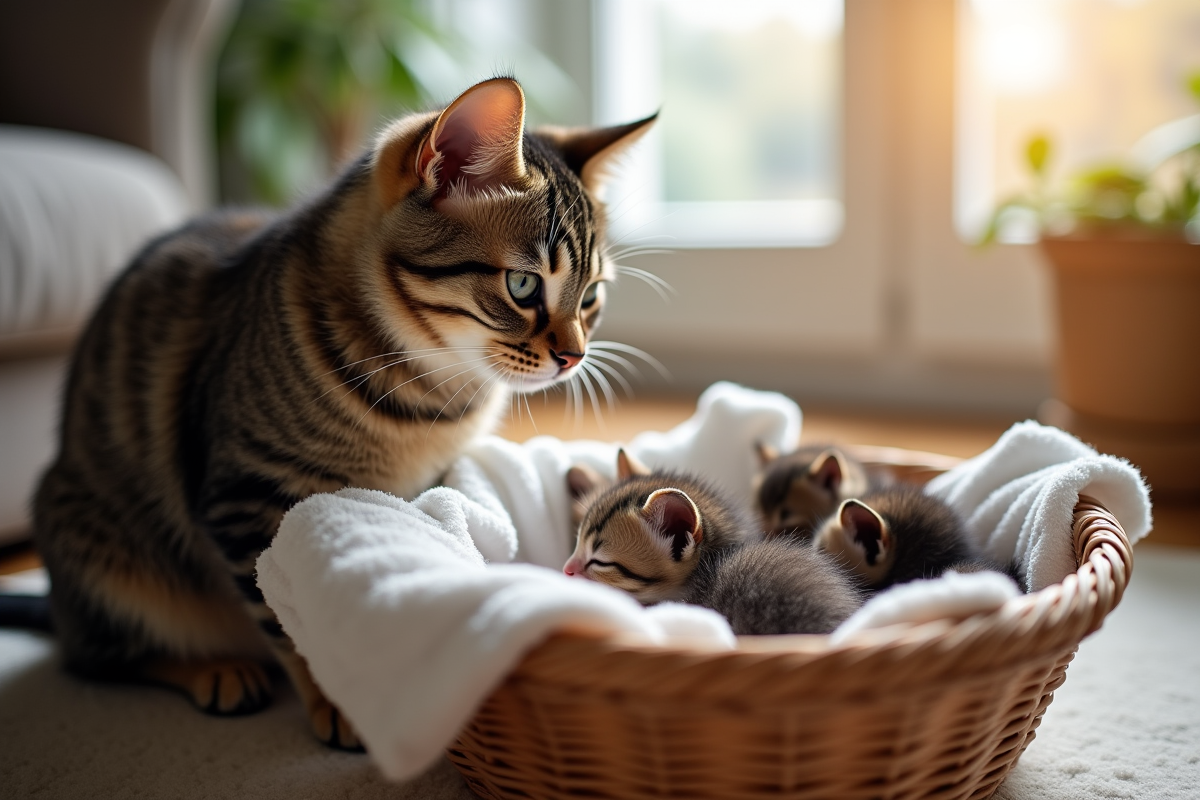 Chatte mère surveillant ses chatons dans un panier propre et lumineux