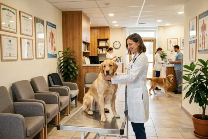 Salle d'attente chaleureuse d'une clinique vétérinaire dans le Haut-Rhin avec une vétérinaire tenant un golden retriever