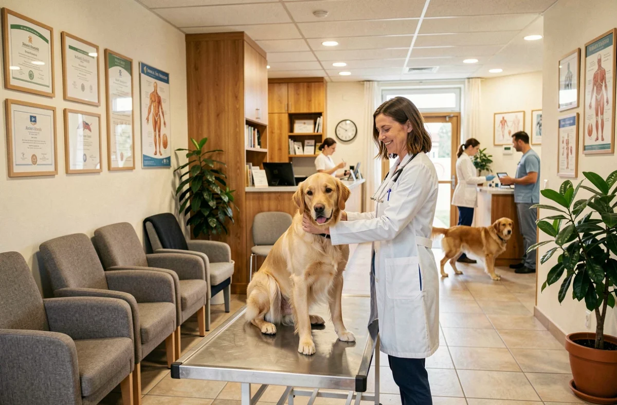 Salle d'attente chaleureuse d'une clinique vétérinaire dans le Haut-Rhin avec une vétérinaire tenant un golden retriever