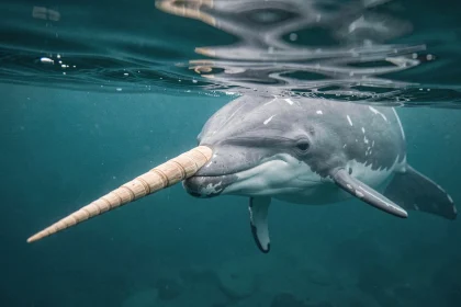 Narval nageant sous la surface de l'océan Arctique avec sa corne spiralée visible, photo réaliste pour illustrer un animal en N au petit bac