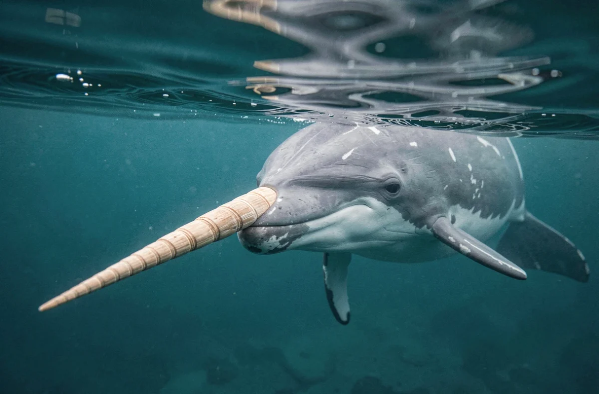 Narval nageant sous la surface de l'océan Arctique avec sa corne spiralée visible, photo réaliste pour illustrer un animal en N au petit bac