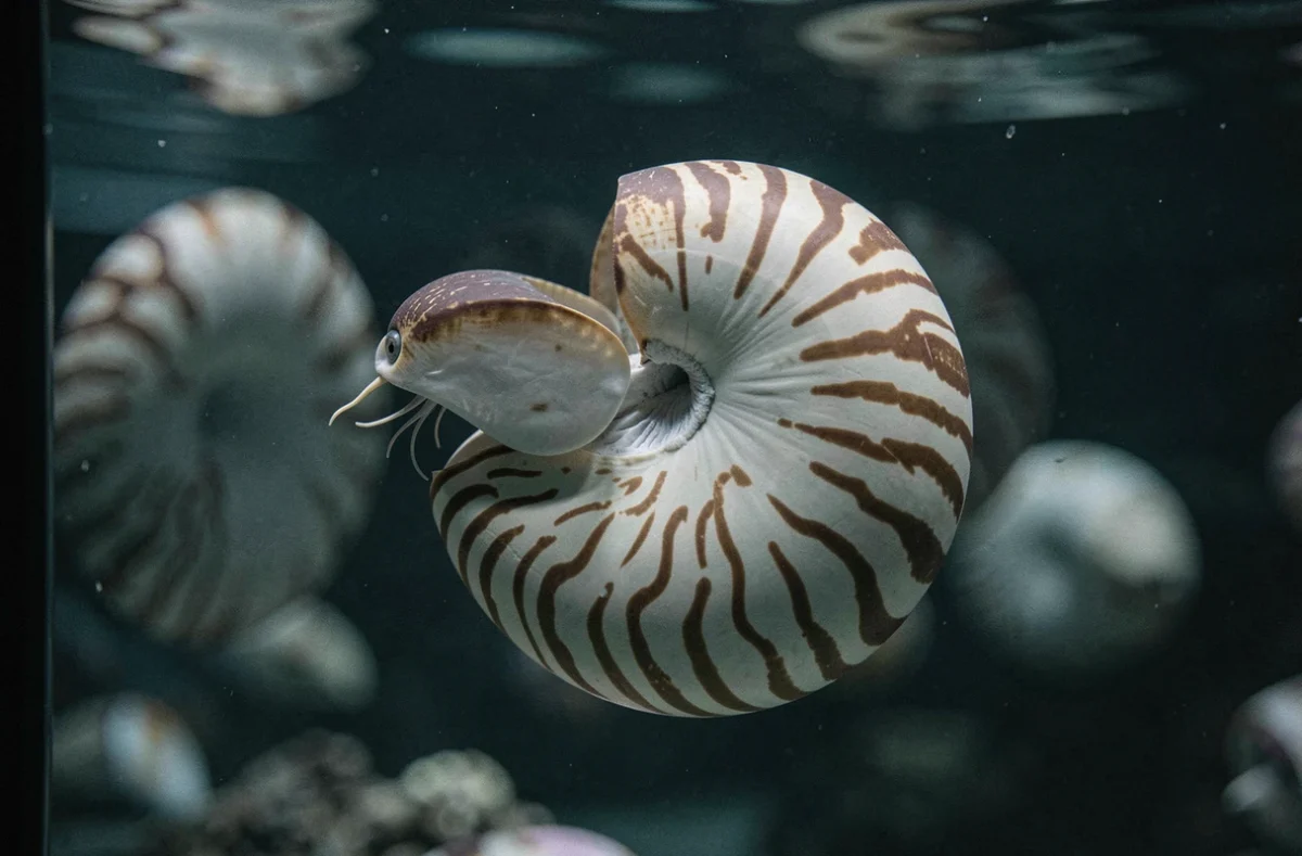 Nautile en coquille spiralée flottant dans un aquarium, animal marin en N idéal pour répondre au petit bac