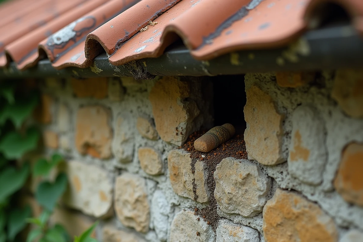 Nid de fouine localisé sous les tuiles d'une maison en pierre avec traces de crottes sur la corniche