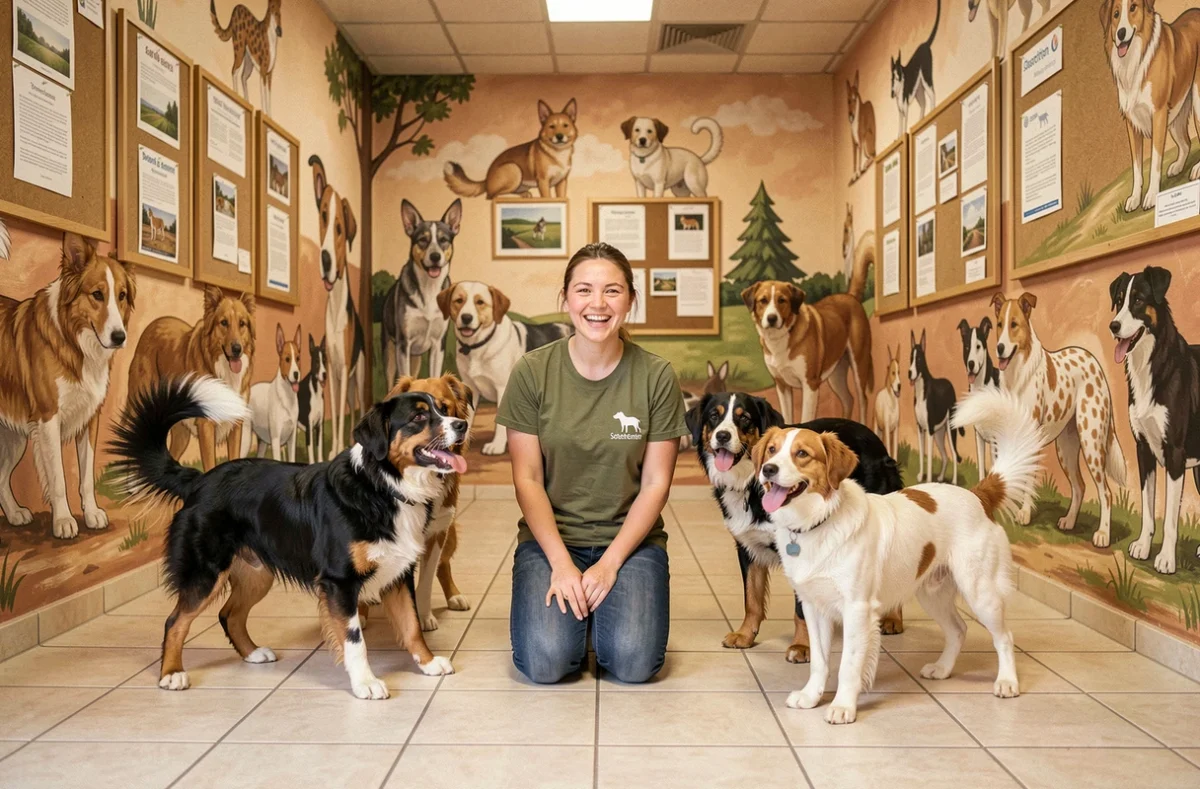 Bénévole entourée de chiens à adopter dans le refuge Nos Amis À 4 Pattes à Soultz-Haut-Rhin