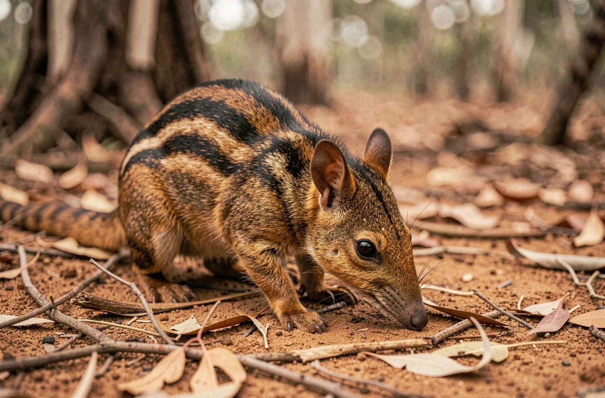 Numbat australien cherchant de la nourriture sur le sol forestier, petit marsupial rayé illustrant les animaux en N pour le petit bac