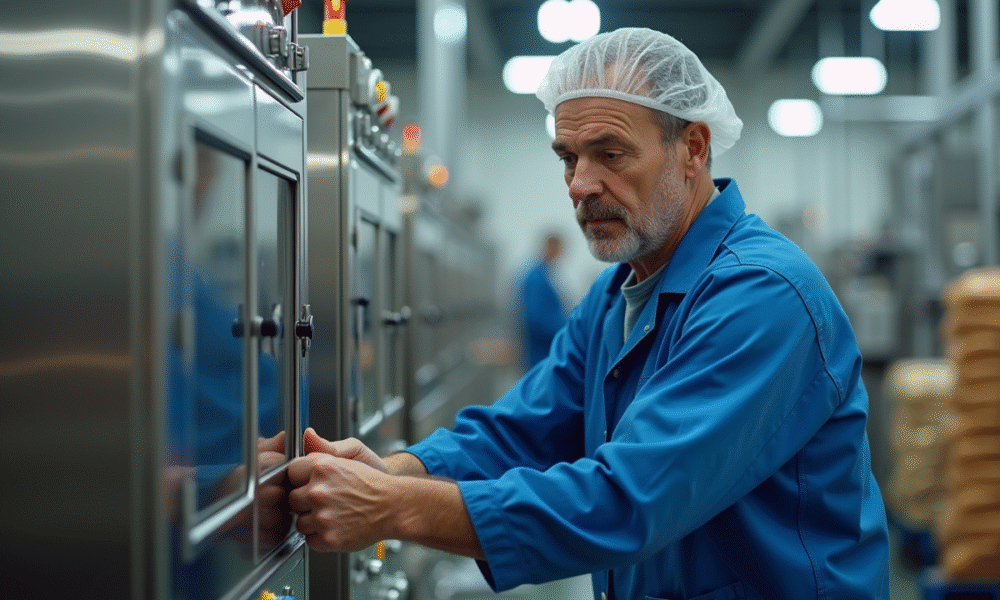 Ouvrier en uniforme bleu ajustant machine moderne de production