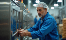 Ouvrier en uniforme bleu ajustant machine moderne de production