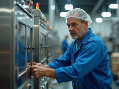 Ouvrier en uniforme bleu ajustant machine moderne de production