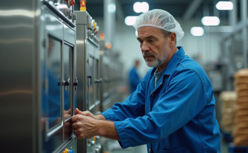Ouvrier en uniforme bleu ajustant machine moderne de production