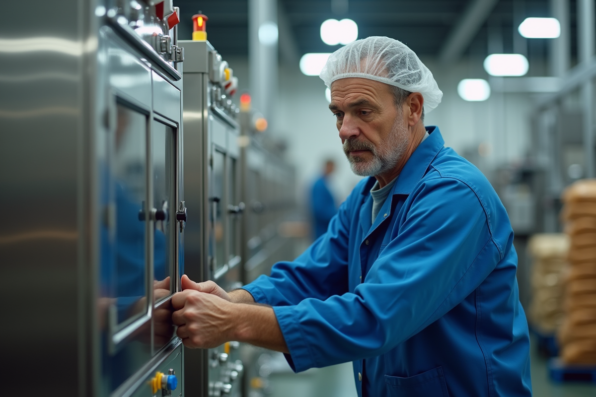 Ouvrier en uniforme bleu ajustant machine moderne de production