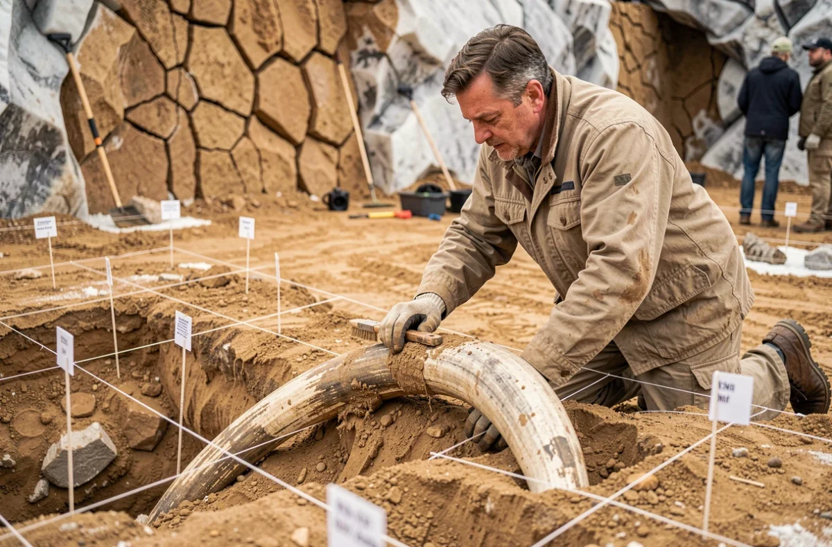 Paléontologue fouillant une défense de mammouth dans le pergélisol lors d'une excavation scientifique