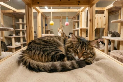 Chat tigré confortablement installé dans une pension pour chats en Normandie avec enclos en bois et jouets