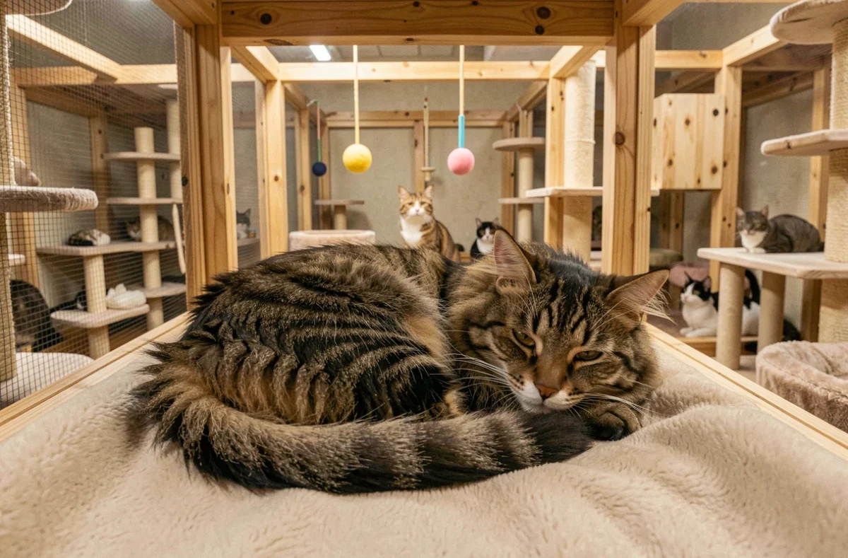Chat tigré confortablement installé dans une pension pour chats en Normandie avec enclos en bois et jouets