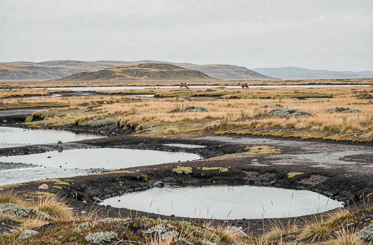 Pergélisol en dégel dans la toundra arctique évoquant le réchauffement climatique et la fin de l'ère des mammouths