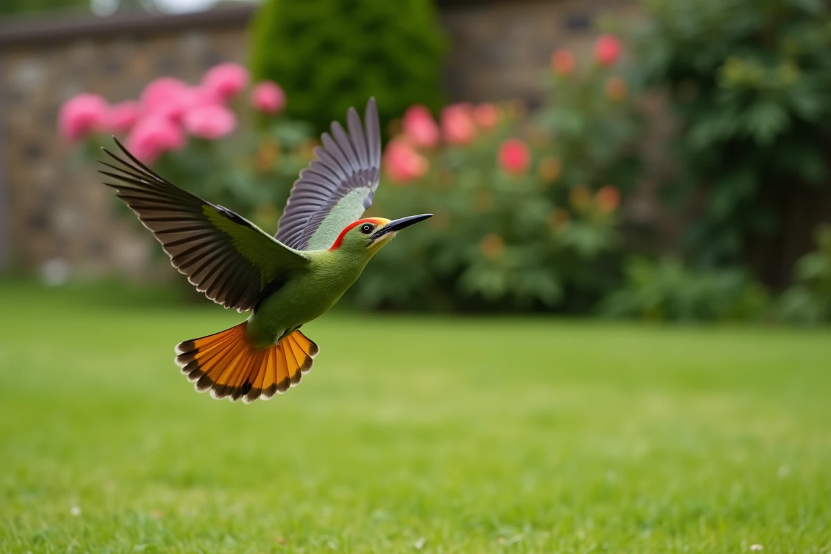 Pic vert en plein vol au-dessus d'une pelouse, ailes déployées révélant le croupion jaune-vert caractéristique de l'espèce