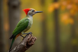 Pic vert posé sur un tronc de chêne, montrant son plumage vert vif et sa calotte rouge distinctive en forêt tempérée