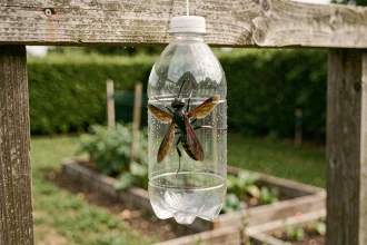 Piège artisanal en bouteille plastique contenant un frelon noir suspendu à une clôture en bois dans un jardin