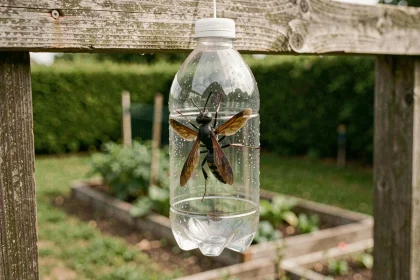 Piège artisanal en bouteille plastique contenant un frelon noir suspendu à une clôture en bois dans un jardin