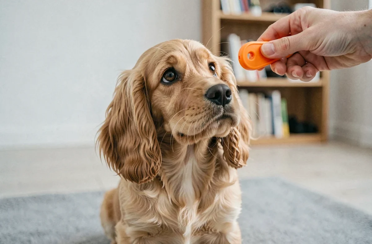 Portrait rapproché d'un chiot Cocker Spaniel nain attentif lors d'une séance de clicker training en appartement