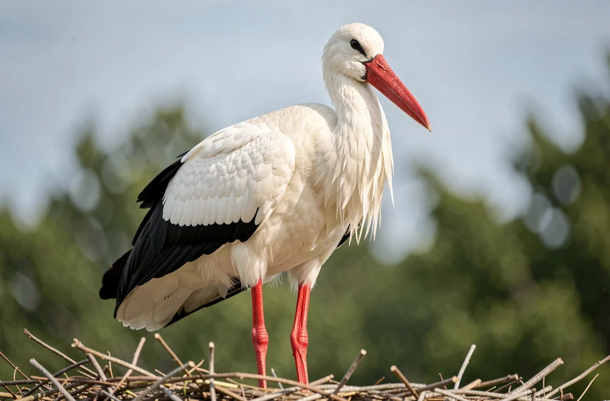 Portrait en gros plan d'une cigogne blanche au bord de son nid avec bec et pattes rouges bien visibles
