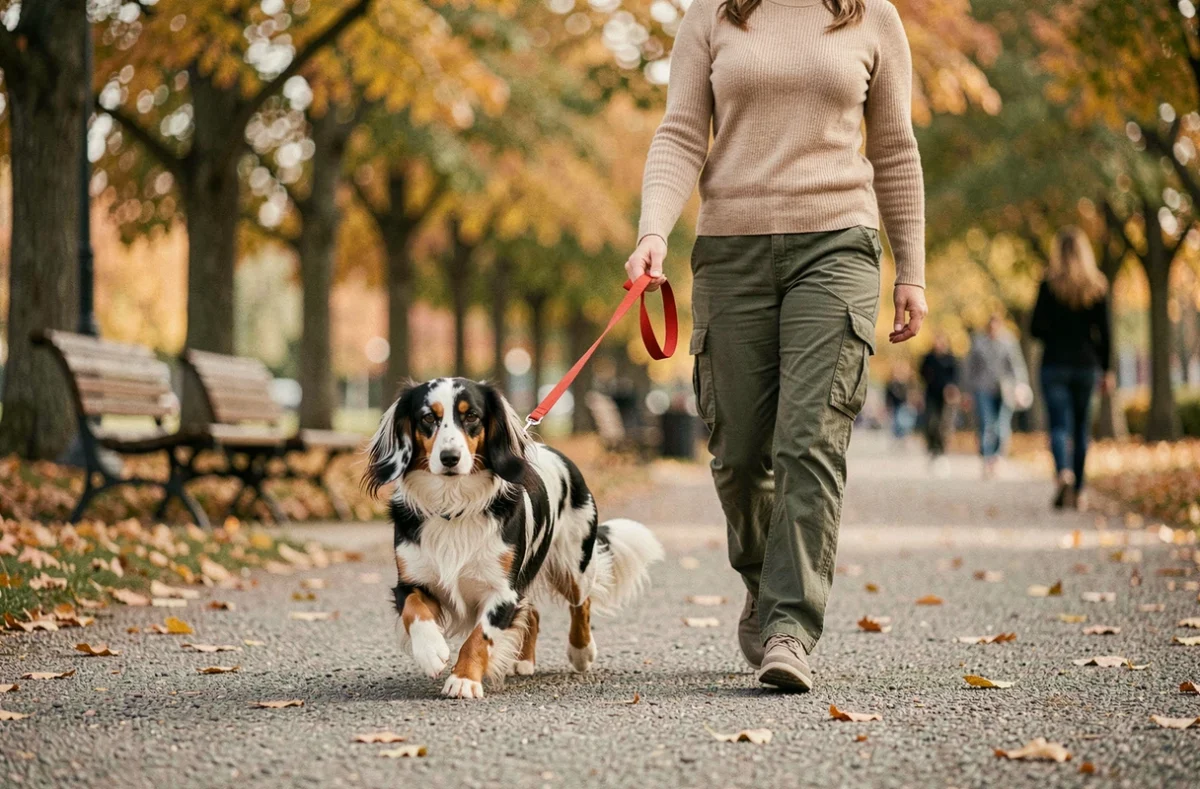 Femme promenant un teckel poils longs arlequin en laisse dans un parc en automne