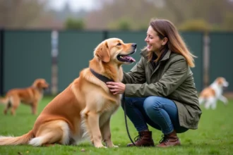 Femme caressant un chien golden retriever dans un centre canin