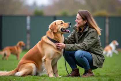 Femme caressant un chien golden retriever dans un centre canin