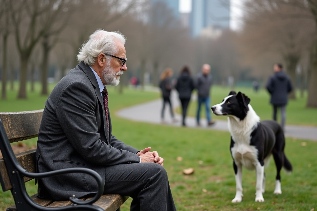 Psychologue âgé avec border collie dans un parc