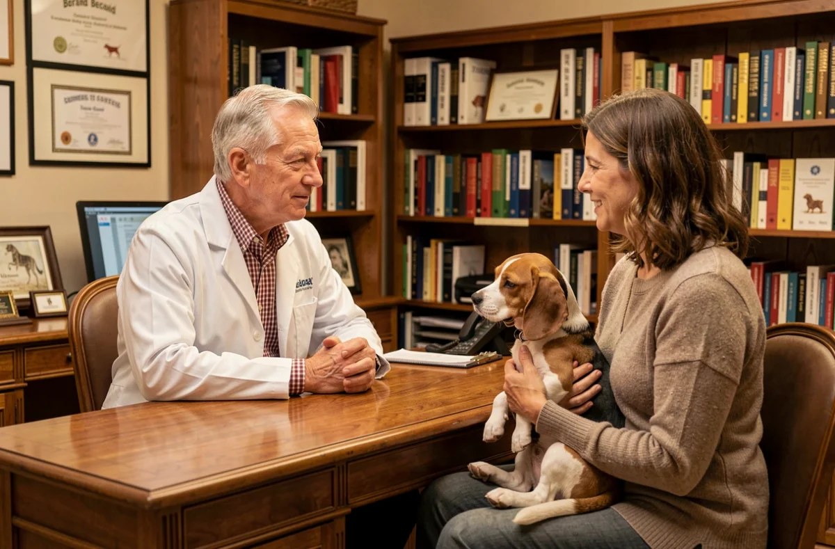 Vétérinaire Bernard Pujo en consultation avec une cliente et son chien beagle dans son cabinet