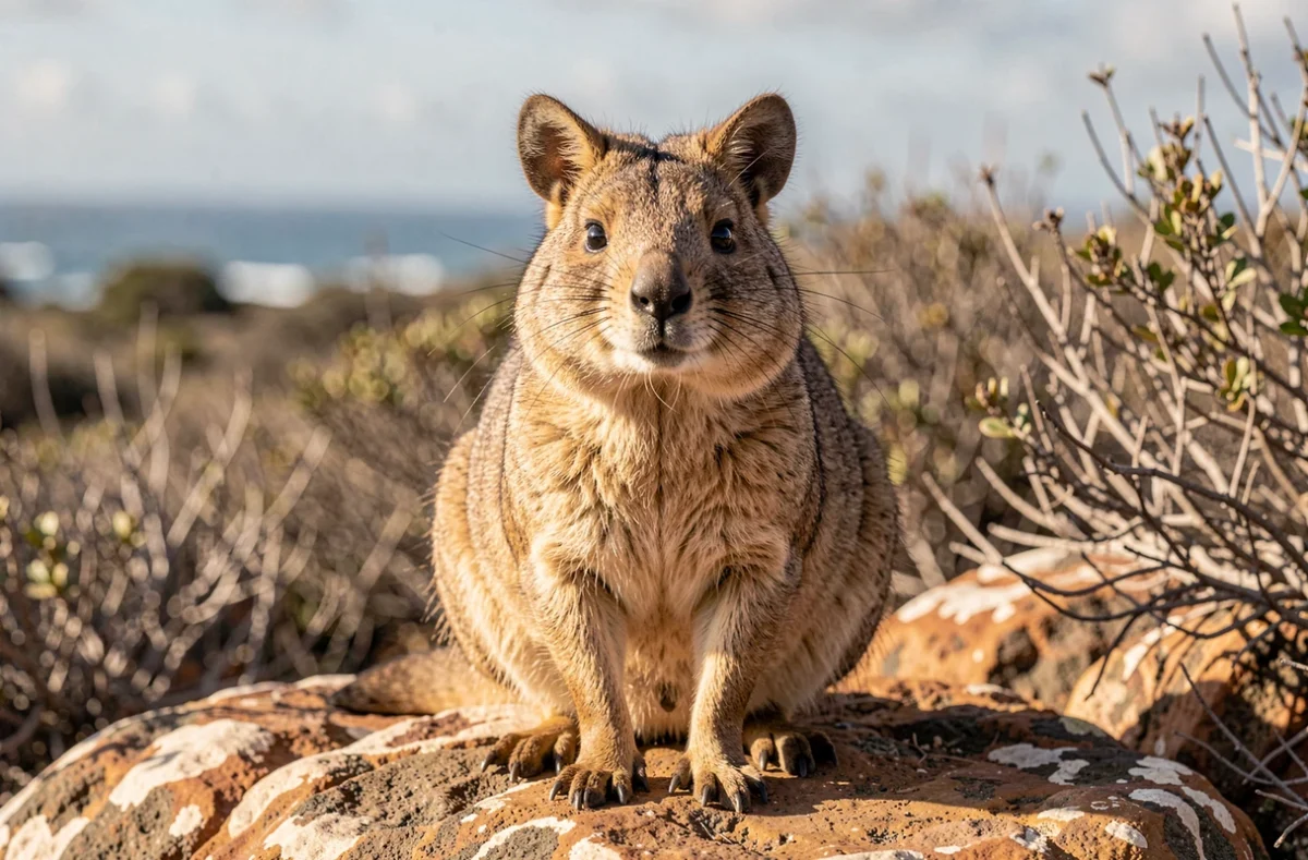 Quokka au pelage brun doré assis sur un rocher en pleine nature, animal emblématique dont le nom commence par la lettre Q