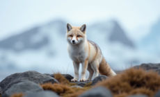 Renard arctique en mue sur la toundra gelée